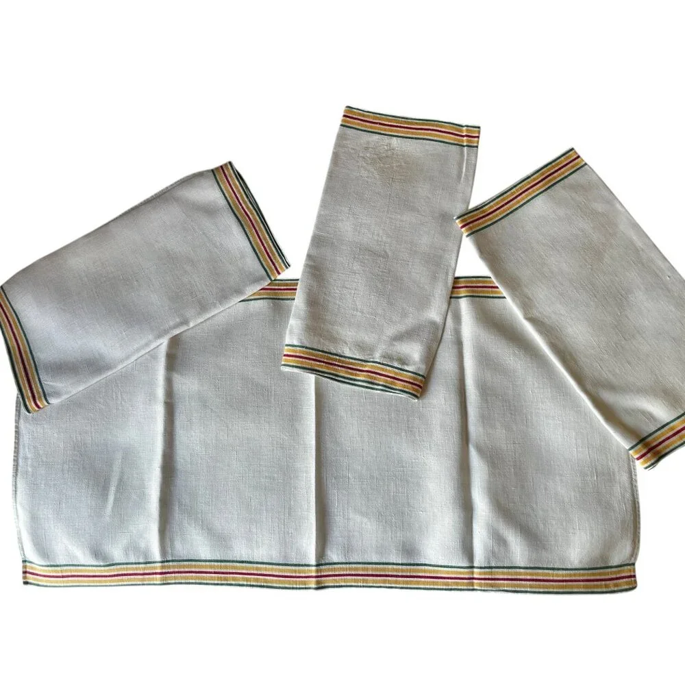 4 Vintage White Linen Cotton Dishtowels Yellow Red Green Stripes 33x17